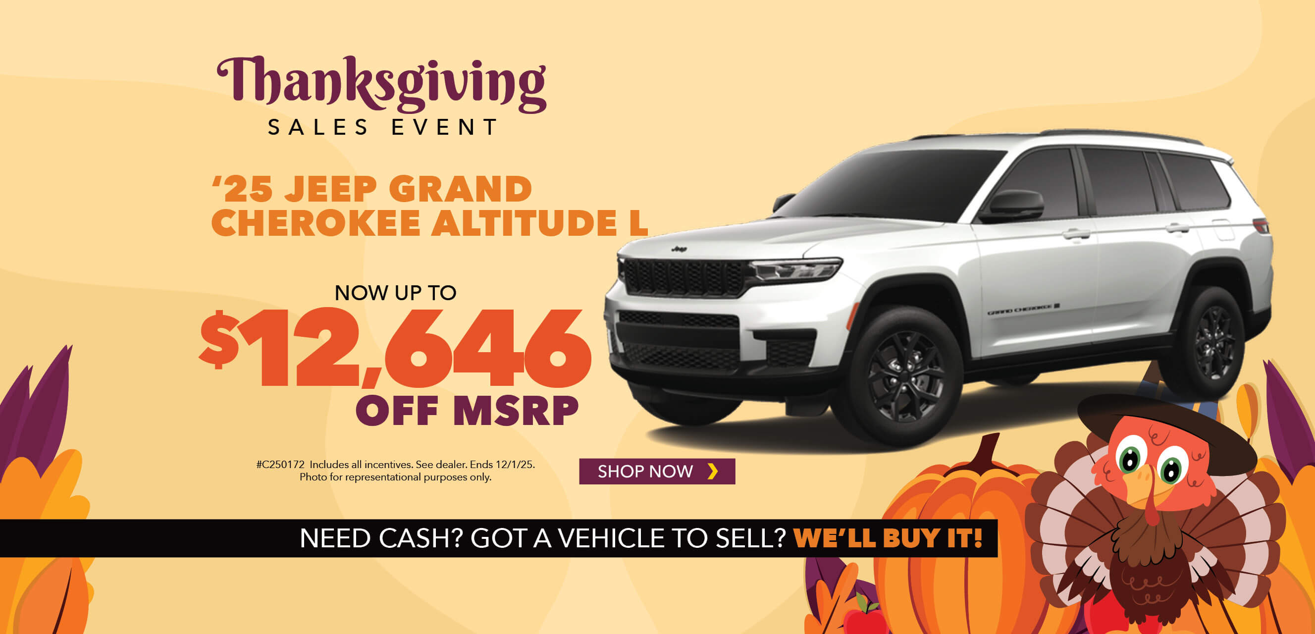 White SUV with advertising slogans: Now up to $12,646 off MSRP on 2025 Jeep Grand Cherokee L Summit.
